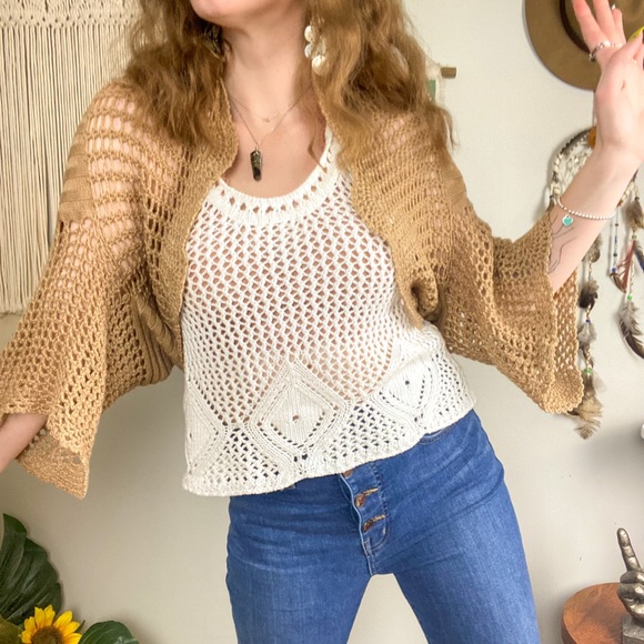 Crochet Knit Round Cropped Boho Sweater Cardigan Size Large - Picture 1 of 14